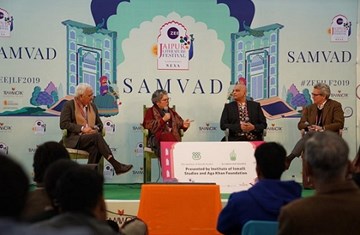 Researchers sitting together in the Jaipur literature festival and engaged in discussions