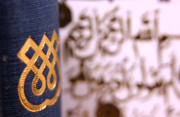 A side of a blue book cover with IIS logo on it and some blurry Arabic background 
